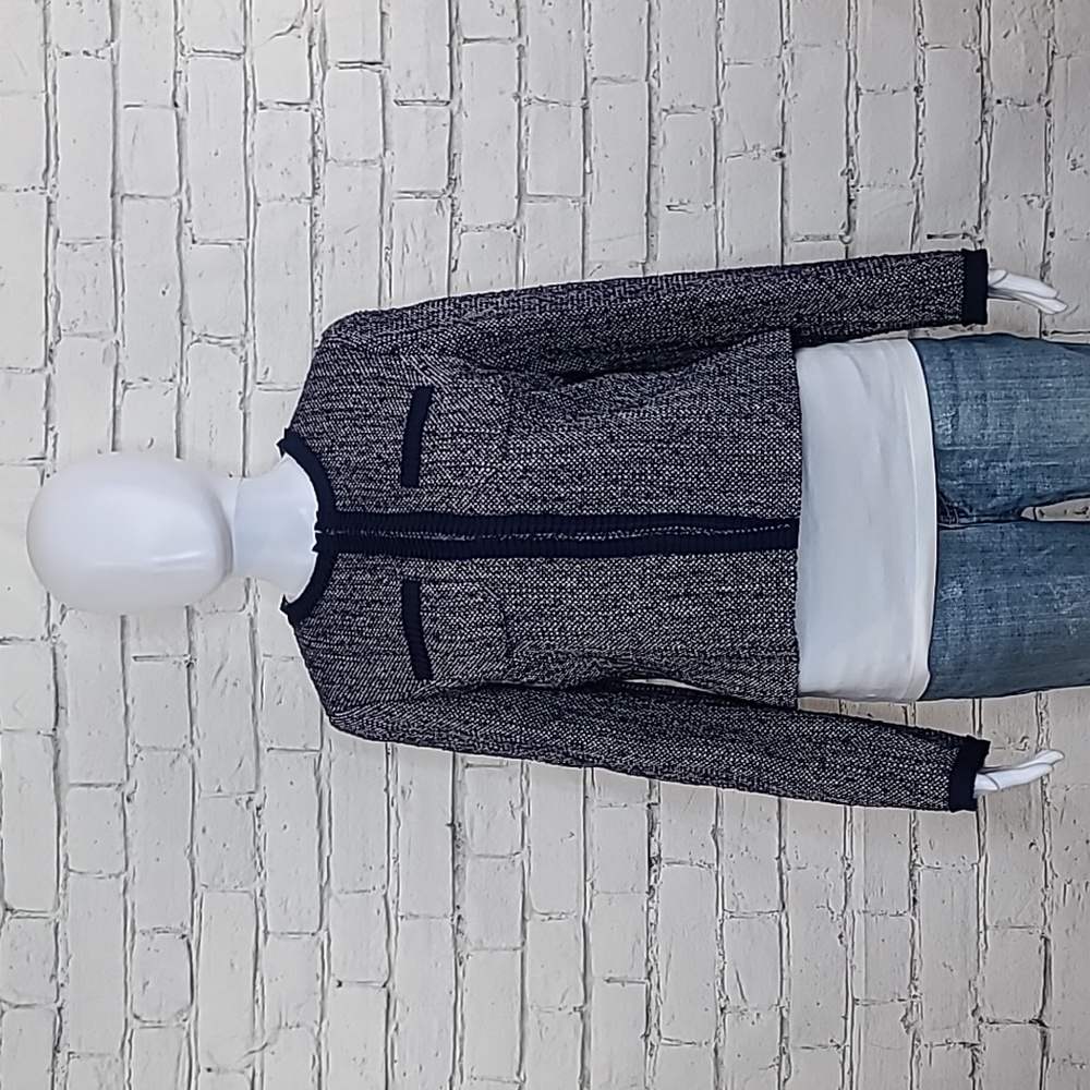 Brooks Brothers Collarless Long Sleeve Cropped Wool Blend Tweed Jacket in Navy